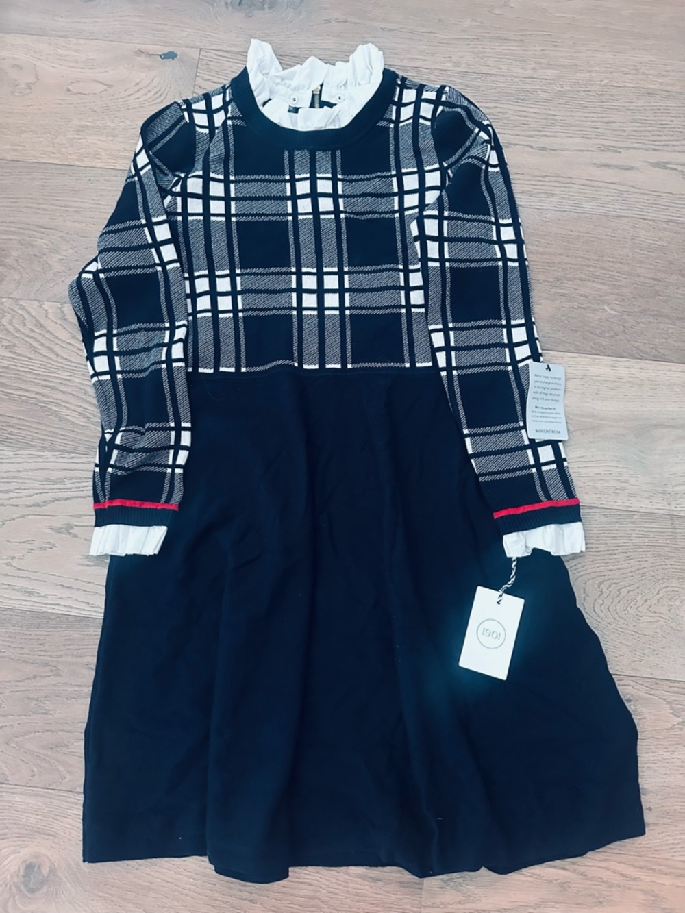 1901 Black Plaid Dress with White Ruffle Collar and Red Trim